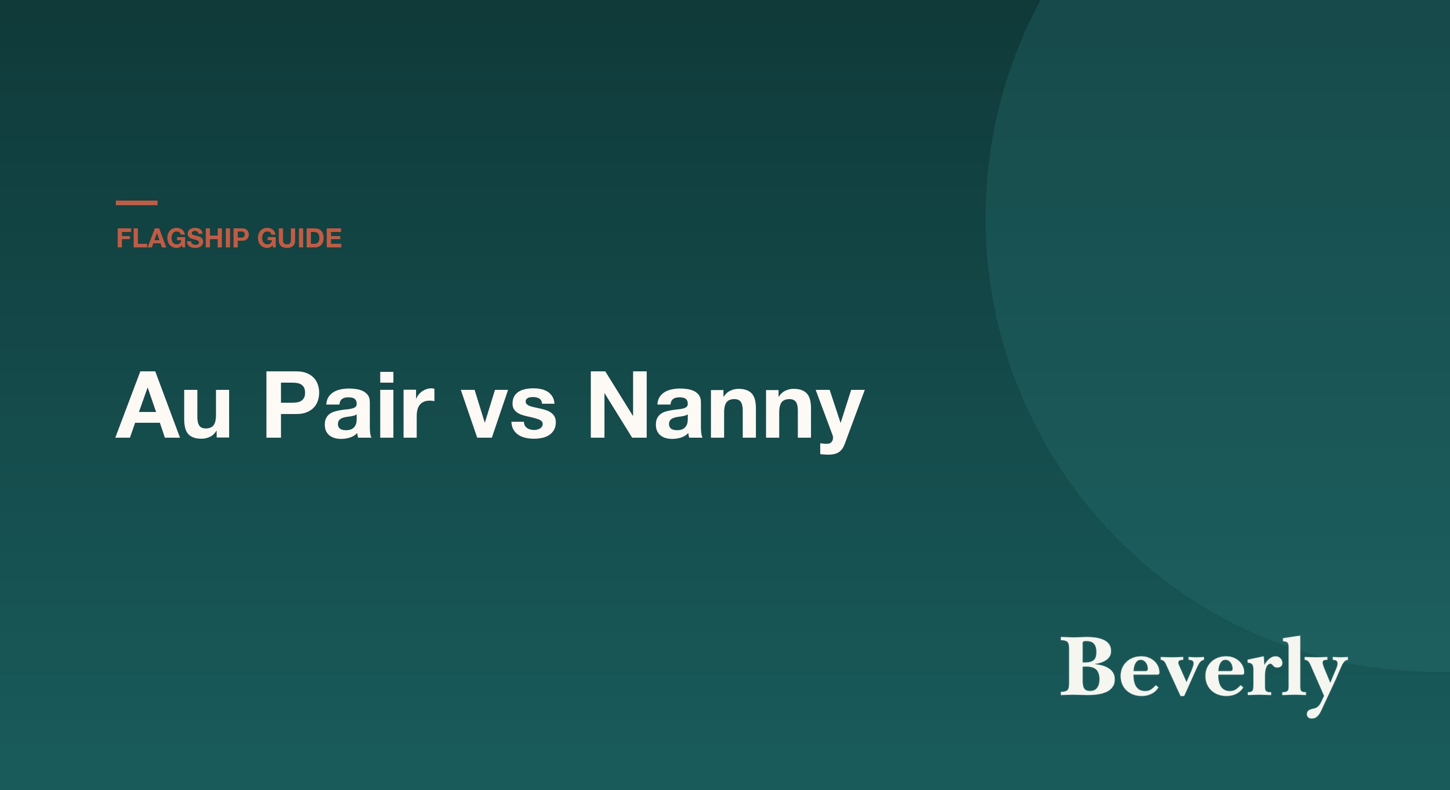 Au Pair vs Nanny comparison — a split-screen illustration of an au pair playing board games with school-aged children on one side and a professional nanny reading to a toddler on the other, with a side-by-side comparison chart