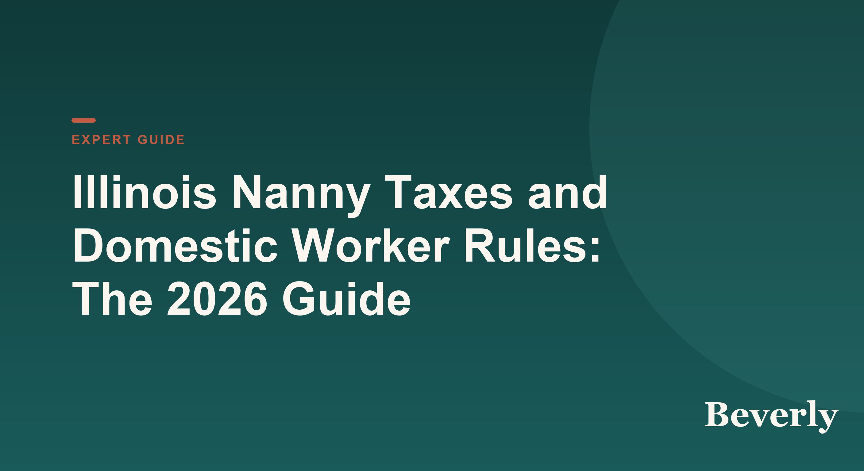 Illinois nanny taxes — illustration of the Chicago skyline beside payroll forms, a calculator, and a paycheck