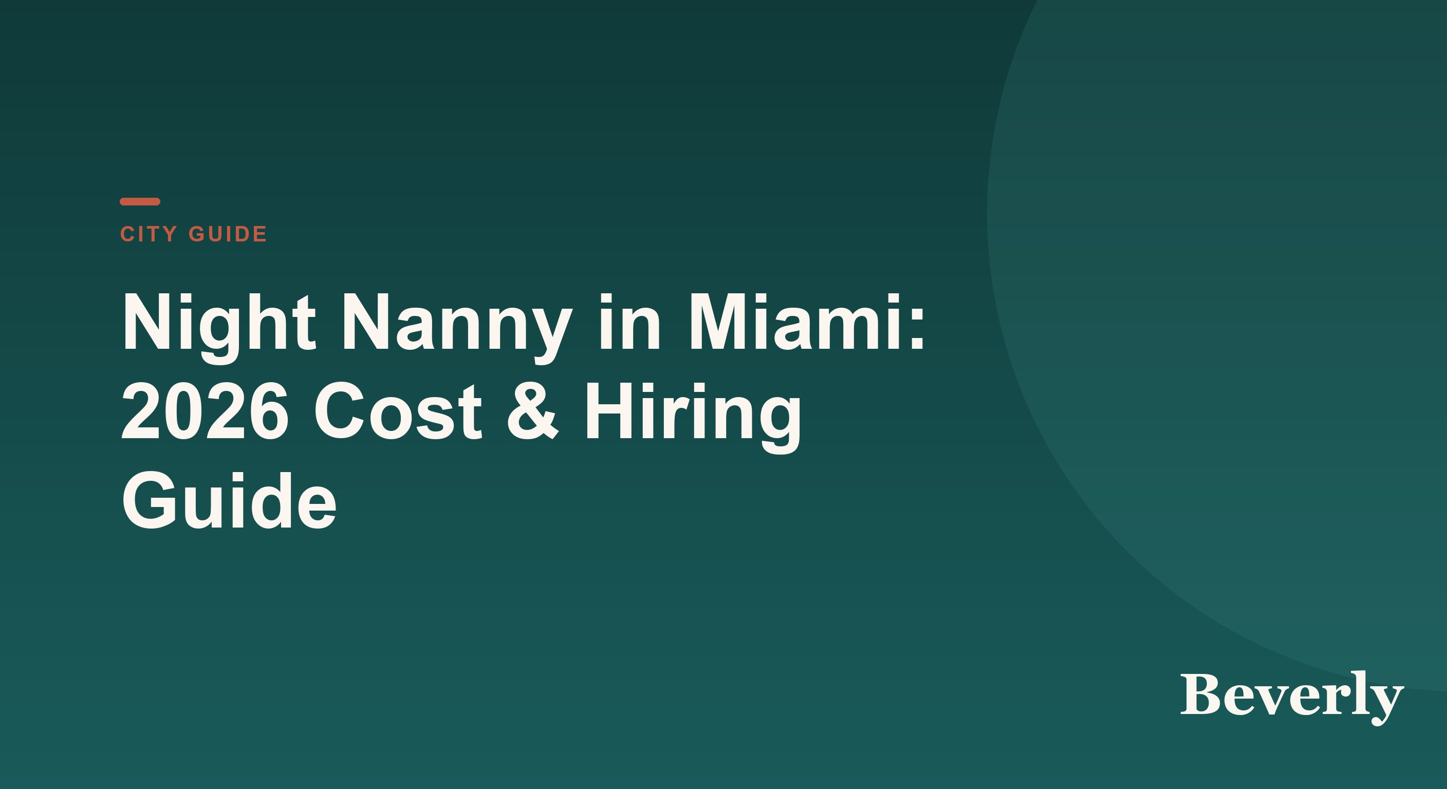 Night Nanny in Miami: 2026 Cost & Hiring Guide — Beverly city guide card on a deep green gradient with a terracotta eyebrow and bold title