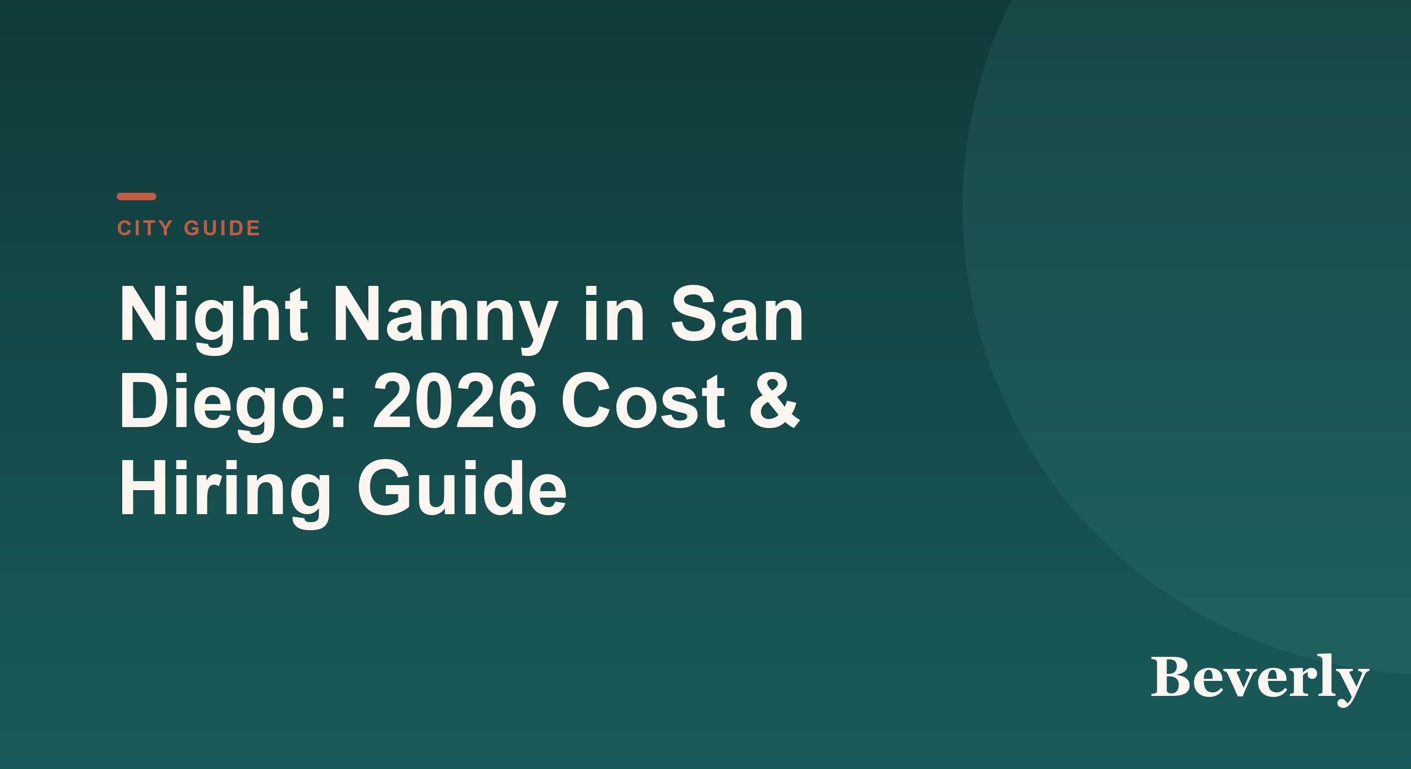 Night Nanny in San Diego: 2026 Cost & Hiring Guide — Beverly city guide card on a deep green gradient with a terracotta eyebrow and bold title
